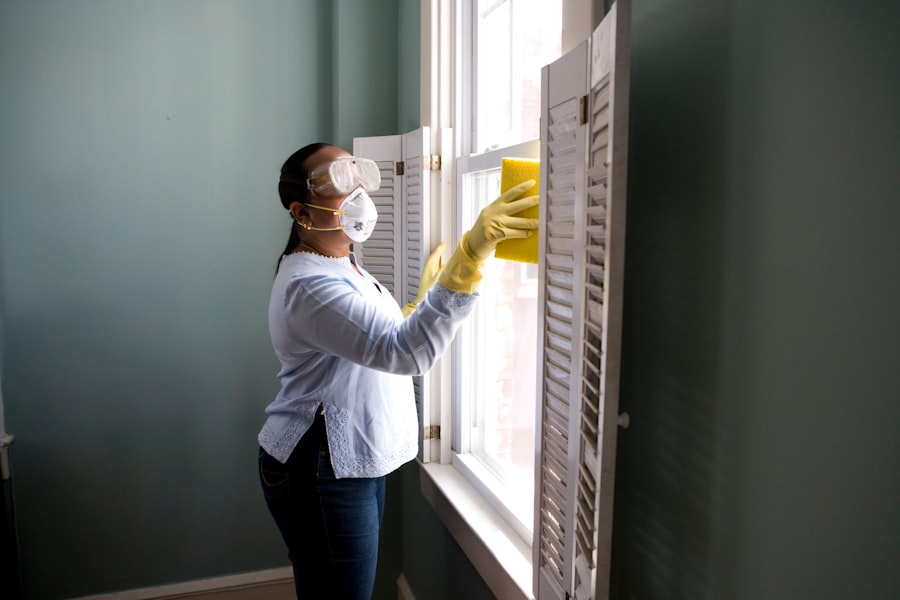 Clean home interior with household cleaning supplies